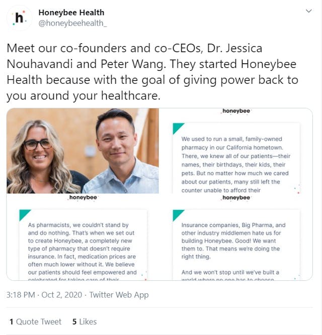 HoneyBee Health pharmacy ships abortion pill founded by Dr Jessica Nouhavandi and Peter Wang (Image: Twitter) Image: HoneyBee Health pharmacy ships abortion pill founded by Dr Jessica Nouhavandi and Peter Wang (Image: Twitter)