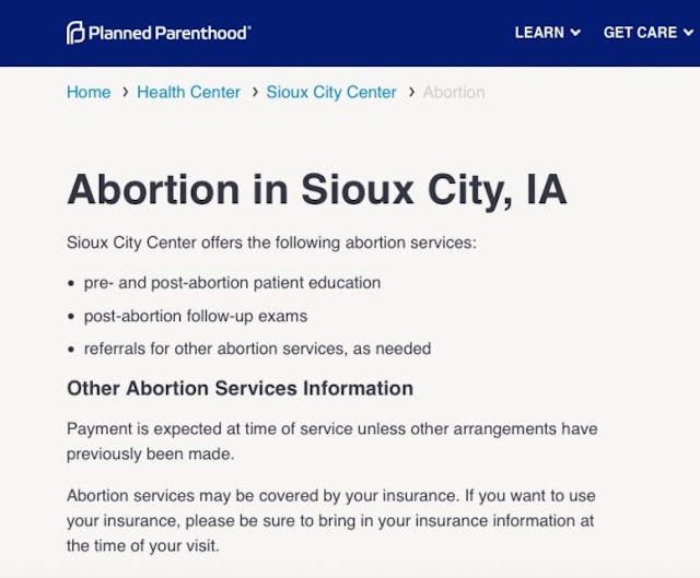 Screenshot from PP Sioux City location page Screenshot from PP Sioux City location page