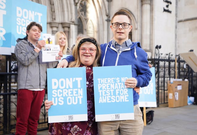 Heidi Crowter with her husband James Carter, outside the Royal Courts of Justice in central London, as the Court of Appeal releases its judgment relating to the legislation which allows the abortion of babies with Down’s Syndrome up until birth. Picture date: Friday November 25, 2022. (Photo by James Manning/PA Images via Getty Images) Down syndrome