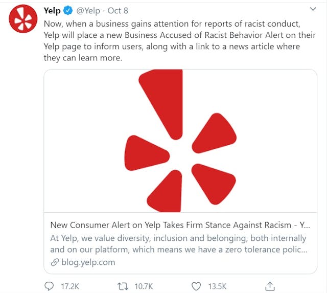 Yelp racism button announcement on Twitter Image: Yelp racism button announcement on Twitter