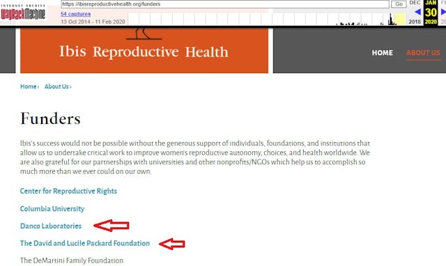 Ibis Reproductive Health funded by abortion pill manufacturer Danco and investor Packard Jan 2020 (Image: WBM) Image: Ibis Reproductive Health funded by abortion pill manufacturer Danco and investor Packard Jan 2020 (Image: WBM)