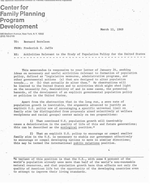 Center for Family Planning Program Development Jaffe Memo response to Bernard Berelson Image: Center for Family Planning Program Development Jaffe Memo response to Bernard Berelson