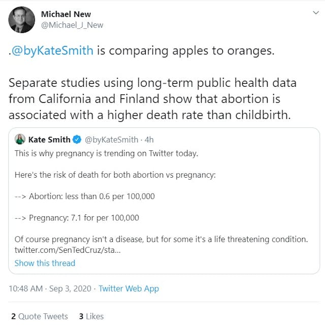 Michael New responds to CBS News reported Kate Smith on abortion mortality (Image: Twitter) Image: Michael New responds to CBS News reported Kate Smith on abortion mortality (Image: Twitter)