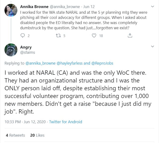 Image: NARAL former WOC claims she was laid off (Image: Twitter)