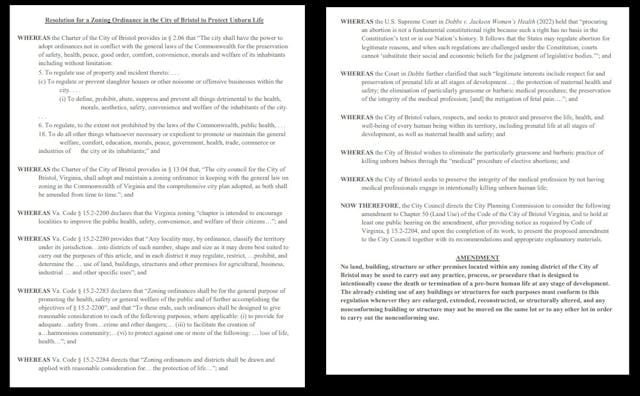 City of Bristol zoning ordinance bans abortion clinic protects unborn life Image: City of Bristol zoning ordinance bans abortion clinic protects unborn life