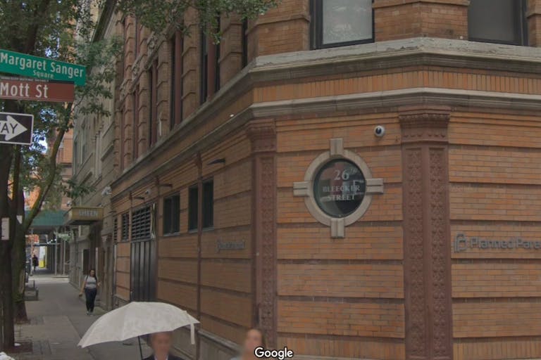 Margaret Sanger Center renamed Planned Parenthood Greater New York signage 26 Bleecker St (Image: Google Street view 2019) Image: Planned Parenthood Margaret Sanger Center New York 26 Bleecker St (Image: Google Street view 2019)