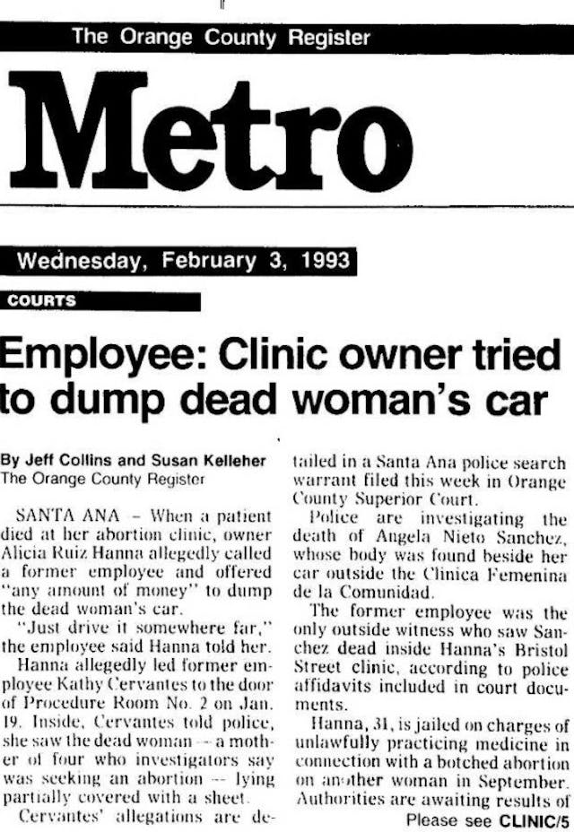 Abortion clinic owner Alicia Ruiz Hanna on abortion patient death Orange County Register Feb 3 1993 Image: Abortion clinic owner Alicia Ruiz Hanna on abortion patient death Orange County Register Feb 3 1993
