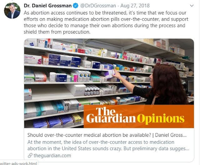 Daniel Grossman tweets OTC self manages abortion (Image: Twitter) Image: Daniel Grossman tweets OTC self manages abortion (Image: Twitter)