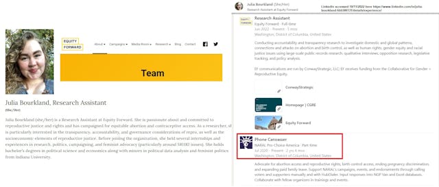 Image: Julia Bourkland Research Assistance at Equity Forward worked for NARAL according to LinkedIn 10112022