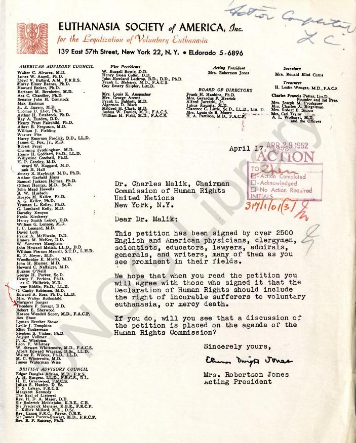 Margaret Sanger avisory board of Euthanasia Society. (Image credit United Nations)