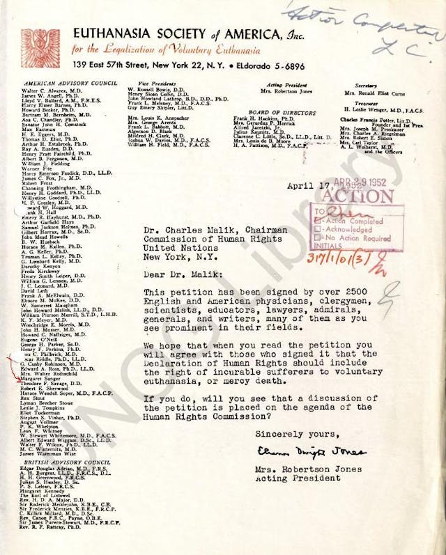 Margaret Sanger avisory board of Euthanasia Society. (Image credit United Nations) Margaret Sanger avisory board of Euthanasia Society. (Image credit United Nations)
