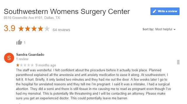 SWO late-term abortion review. Abortion patients leave poor reviews of late-term abortion facility in Dallas image
