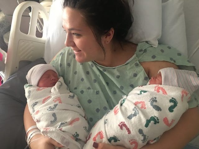 Kelsey and her twin girls at birth. Kelsey refused abortion for her girls with help from a pregnancy help center.
