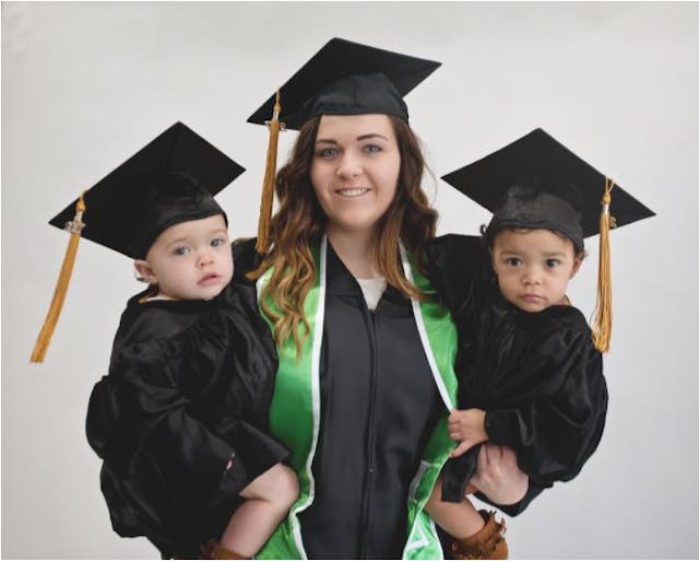 Kelsey and her twin girls are ready for graduation in their caps and gowns. Kelsey refused abortion with help from a pregnancy help center. Kelsey and her twin girls are ready for graduation in their caps and gowns. Kelsey refused abortion with help from a pregnancy help center.