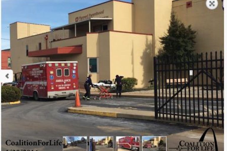 An ambulance parked outside the St. Louis Planned Parenthood. Medication abortion is unsafe, too.