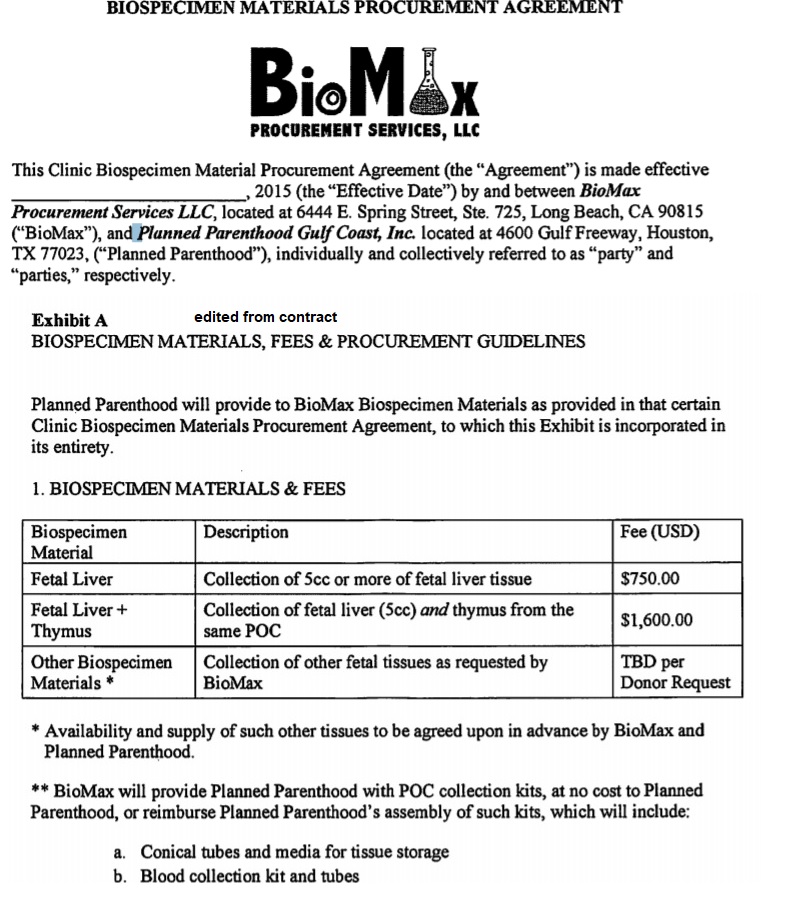 Image: Service agreement to CMP from BIOMAX aborted fetal tissue from Planned Parenthood Gulf Coast