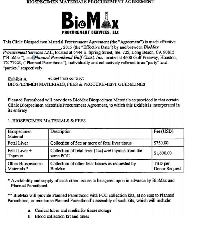 Service agreement to CMP from BIOMAX aborted fetal tissue from Planned Parenthood Gulf Coast Image: Service agreement to CMP from BIOMAX aborted fetal tissue from Planned Parenthood Gulf Coast