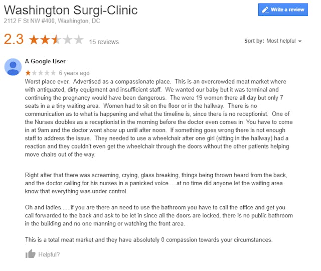 Washington Surgi-Clinic Google Review overcrowded meat market Abortion facility agrees to kill healthy 26-week-old baby for $6,200 image