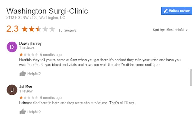 Washington Surgi-Clinic Google Review 2017 Abortion facility agrees to kill healthy 26-week-old baby for $6,200 image