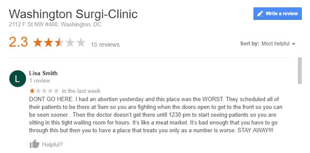 Washington Surgi-Clinic Review Google Dec 2017 Abortion facility agrees to kill healthy 26-week-old baby for $6,200 image