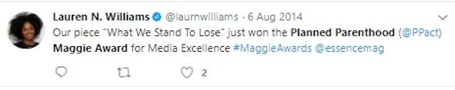 Essence editor Lauren N. Williams Planned Parenthood Maggie Award Planned Parenthood awards journalists who ignore their sexual abuse scandals image