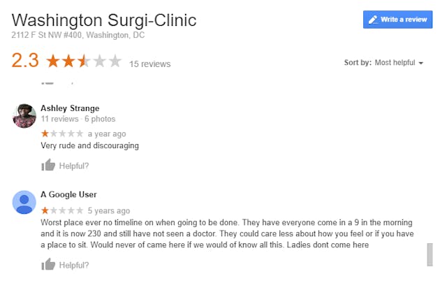 Washington Surgi-Clinic Google Review 2016 and five years Abortion facility agrees to kill healthy 26-week-old baby for $6,200 image