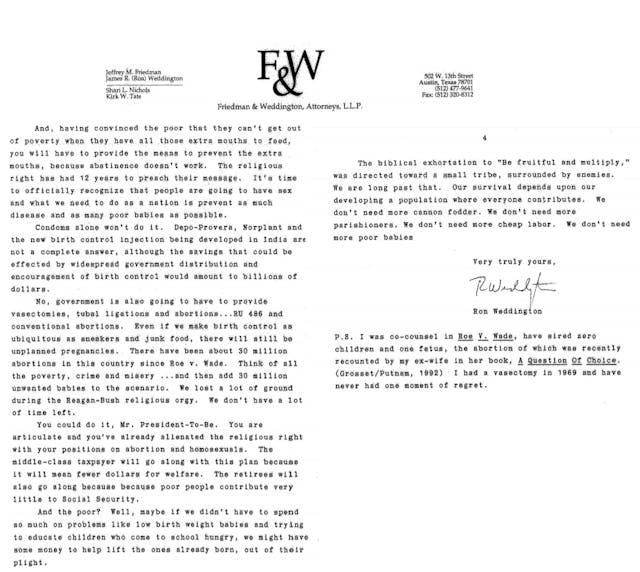 Ron Weddington letter about RU486 abortion pill to President Clinton page 1 to 2 (Image: Judicial Watch) Image: Ron Weddington letter about RU486 abortion pill to President Clinton page 3 to 4 (Image: Judicial Watch)