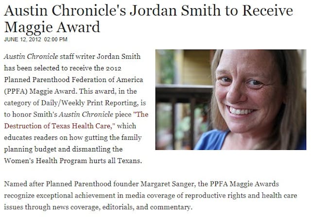 Jordan Smith Austin Chronicle Planned Parenthood Media Award Planned Parenthood awards journalists who ignore their sexual abuse scandals image