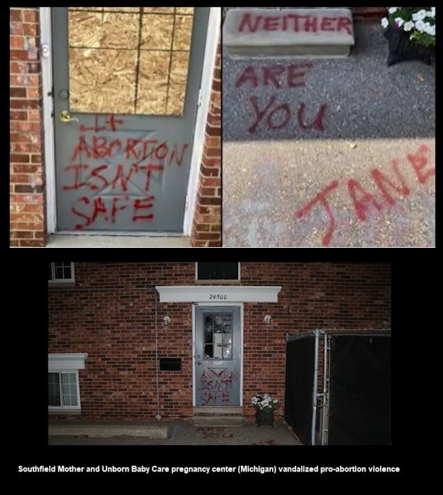 Southfield, Michigan Mother and Unborn Baby Care pregnancy center vandalized pro-abortion violence Image: Southfield, Michigan Mother and Unborn Baby Care pregnancy center vandalized pro-abortion violence
