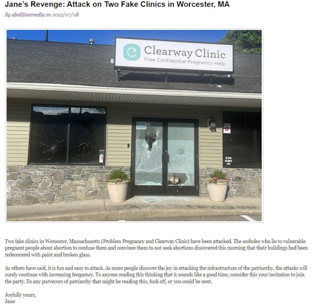 Jane’s Revenge Communique takes credit for vandalizing Problem Pregnancy and Clearway Clinic prolife PRCs in Ma Image: Jane's Revenge Communique takes credit for vandalizing Problem Pregnancy and Clearway Clinic prolife PRCs in Ma