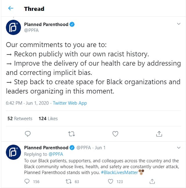 Planned Parenthood tweets on their own racist history (Image: Twitter June 1,2020) Image: Planned Parenthood tweets on their own racist history (Image: Twitter June 1,2020)