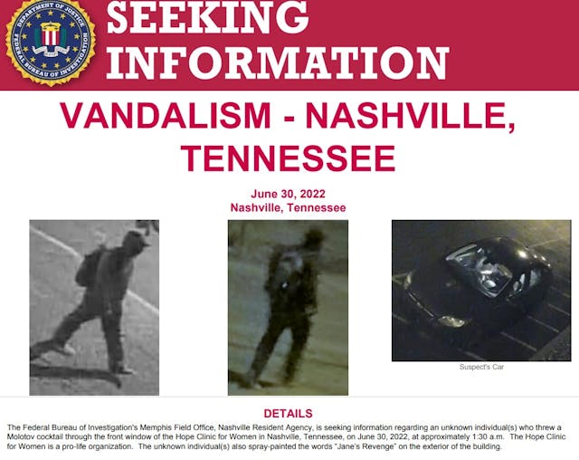 Image: FBI wanted poster vandal of Hope Clinic for Women PRC in Nashville