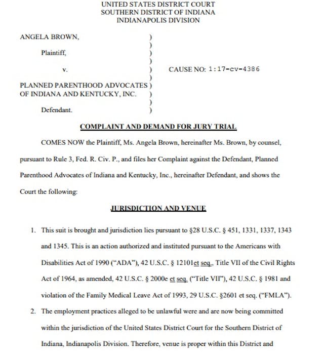 Federal lawsuit claims Planned Parenthood violated ADA and FMLA. Federal lawsuit claims Planned Parenthood violated ADA and FMLA.