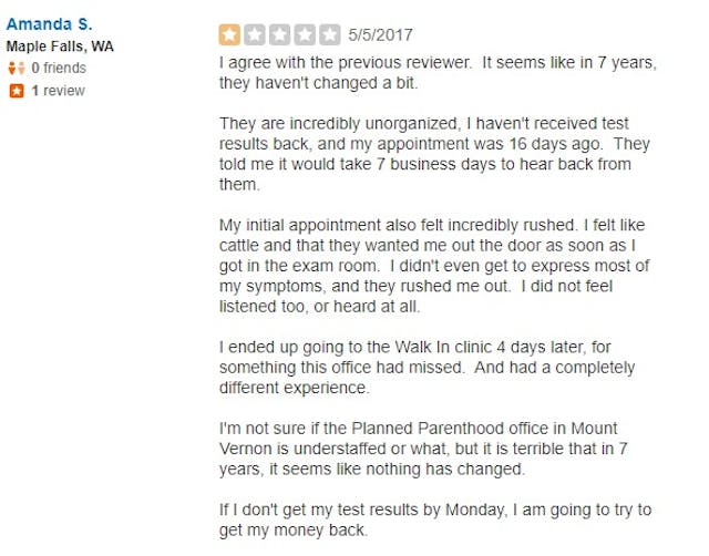 PP Mt Vernon WA Review May 2017 ‘I felt like cattle’: WA Planned Parenthood clients leave poor Yelp reviews image
