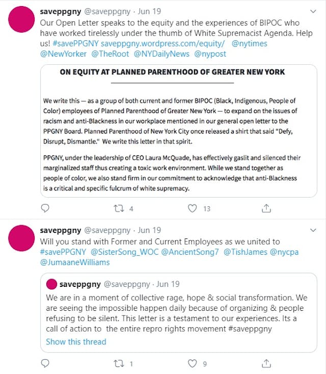 Save Planned Parenthood Greater New York PPGNY tweet claims they work under White Supremacist agenda (Image: Twitter) Image: Save Planned Parenthood Greater New York PPGNY tweet claims they work under White Supremacist agenda (Image: Twitter)