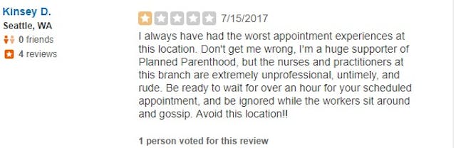 PP Seattle WA Review July 2015 ‘I felt like cattle’: WA Planned Parenthood clients leave poor Yelp reviews image