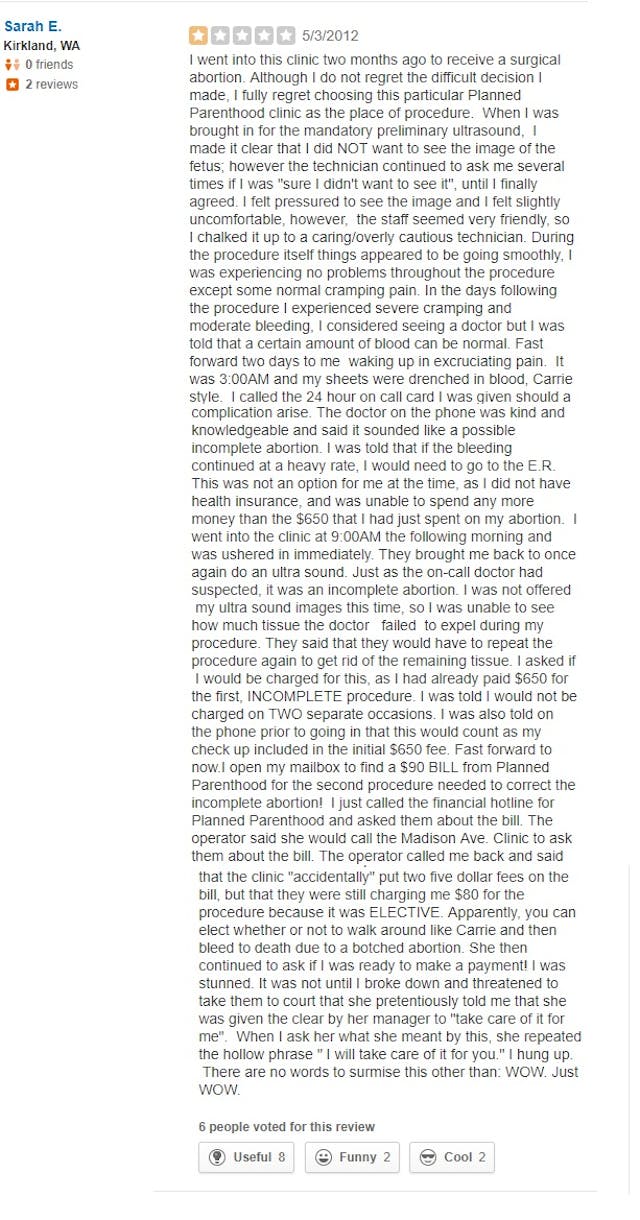 PP Seattle WA Review May 2012 ‘I felt like cattle’: WA Planned Parenthood clients leave poor Yelp reviews image