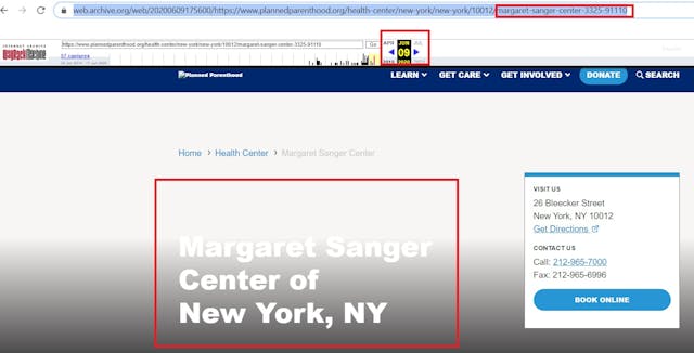Image: Screen of Planned Parenthood NY Margaret Sanger Center website June 9, 2020