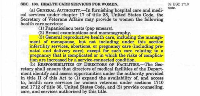 Section 106 of the Veterans’ Health Care Act of 1992 Department of Veterans Affairs to allow veterans and dependents to get abortions at VA hospitals image