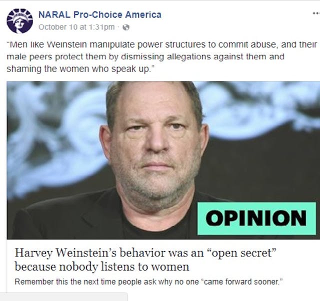NARAL On Weinstein (Image: Facebook) How Planned Parenthood and friends lend a hand to the Harvey Weinsteins of the world image