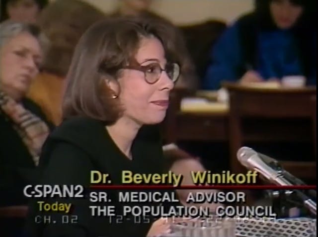 Beverly Winikoff testifies for Population Council on RU486 abortion pill 1991 (Image: CSpan) Image: Bevery Winikoff testifies for Population Council on RU486 abortion pill 1991 (Image: CSpan)