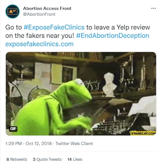 Abortion Access Front calls on supporters to leave fake Yelp reviews of pregnancy centers PRCs (Image: Twitter) Image: Abortion Access Front calls on supporters to leave fake Yelp reviews of pregnancy centers PRCs (Image: Twitter)
