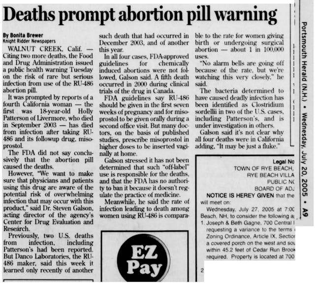 Deaths prompt abortion pill warning (Image: Portsmouth Herald 2005 ) Image: Deaths prompt abortion pill warning (Image: Portsmouth Herald 2005 )