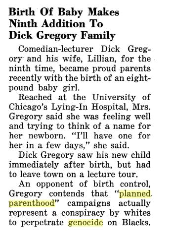 Dick Gregory opposed planned parenthood. Jet Magazine November 1971