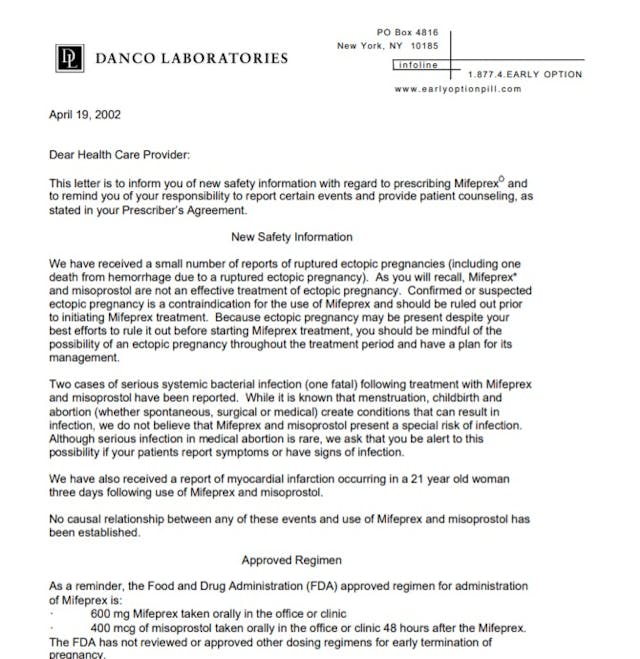 Danco Dear HC Provider letter warns that abortion pill not treatment for ectopic pregnancy 2002 Image: Danco Dear HC Provider letter warns that abortion pill not treatment for ectopic pregnancy 2002