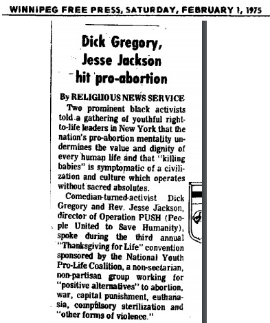 Jesse Jackson Dick Gregory oppose abortion Winnipeg Free Press 1975