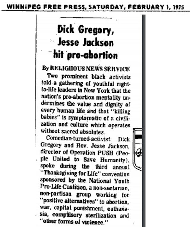 Jesse Jackson Dick Gregory oppose abortion Winnipeg Free Press 1975 Jesse Jackson Dick Gregory oppose abortion Winnipeg Free Press 1975