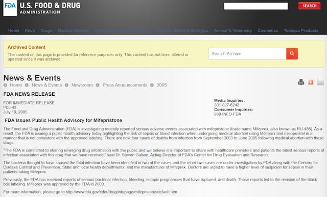 2005 FDA Public Health Advisory on several abortion pill deaths Image: 2005 FDA Public Health Advisory on several abortion pill deaths