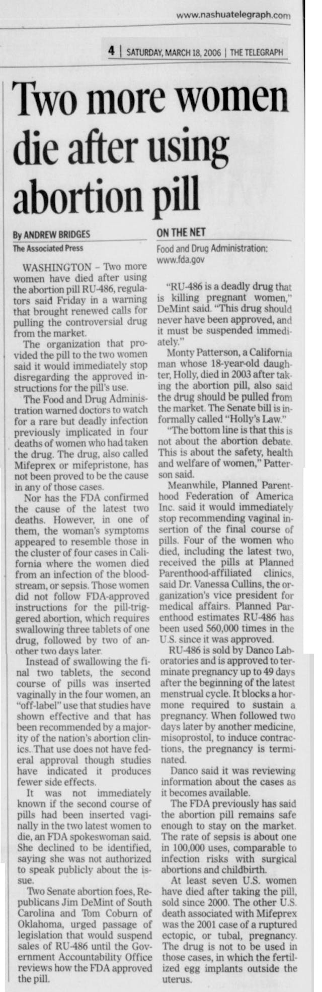 2006 Abortion pill deaths (Image: Nashua Telegraph) Image: 2006 Abortion pill deaths Image Nashua Telegraph