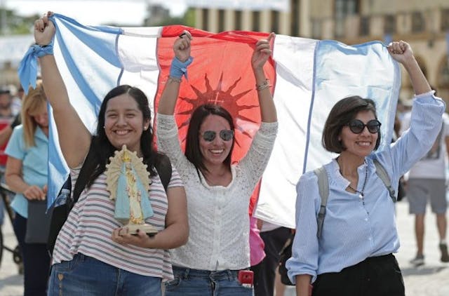 Faithful attend a mass prayer celebrated by the Argentine Catholic Church in rejection of the bill proposed by President Alberto Fernandez that decriminalizes abortion, outside the Basilica of the Virgin of Lujan, in Lujan, on the outskirts of Buenos Aires, on March 8, 2020. (Photo by Alejandro PAGNI / AFP) (Photo by ALEJANDRO PAGNI/AFP via Getty Images) Argentina